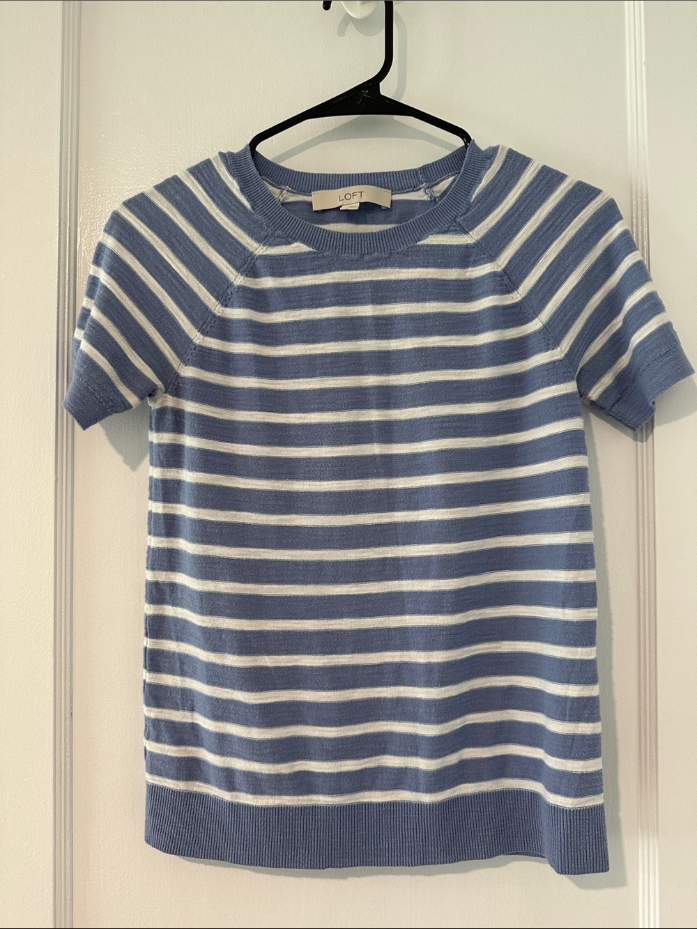 LOFT Light Blue & White Striped Short Sleeve Knit Top